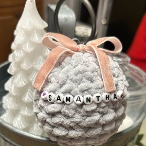 Elegant Gray Ornament with Pink Velvet Ribbon